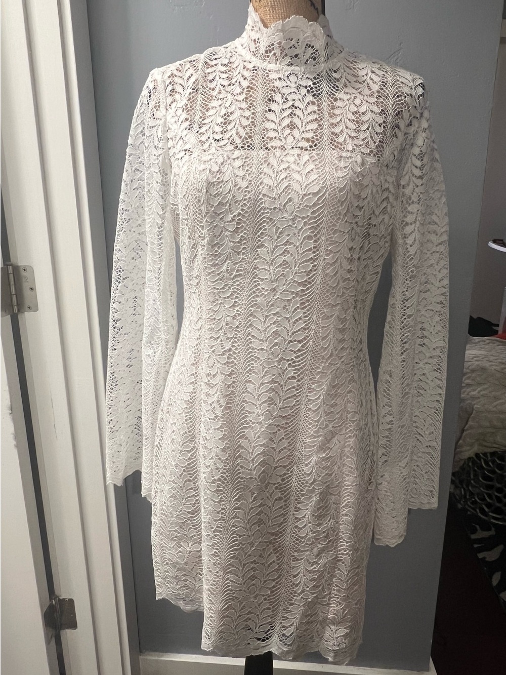 High-Neck White Lace Long-Sleeve Dress